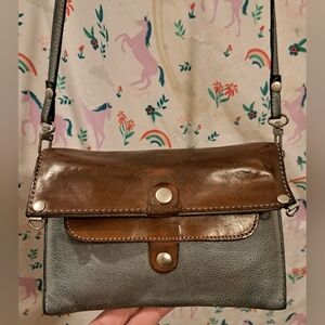 Vintage Vive La Difference Blue & Brown Leather Boho Indie Saddle Flap Purse Bag